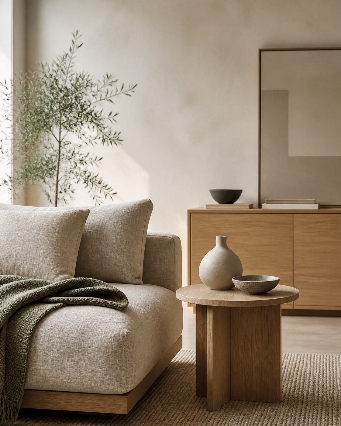 Rustig, warm interieur met natuurlijke materialen